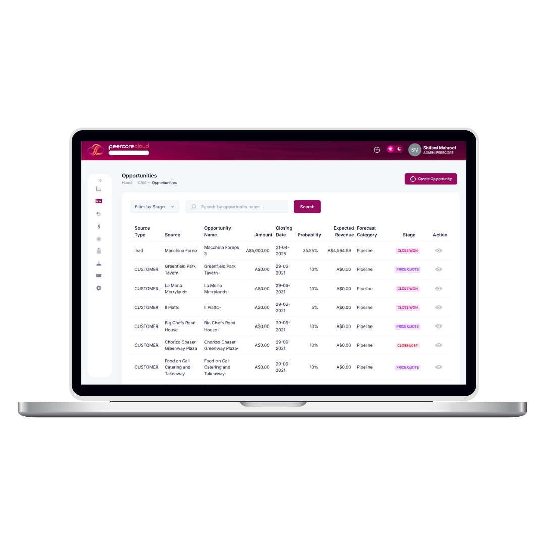 screenshot of Peercore CRM